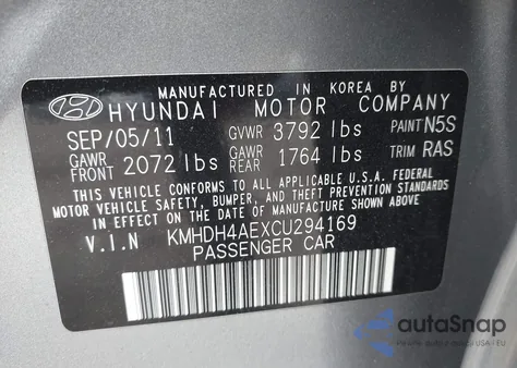 2012 Hyundai Elantra Gls (Ulsan Plant) from USA, damaged, VIN KMHDH4AEXCU294169